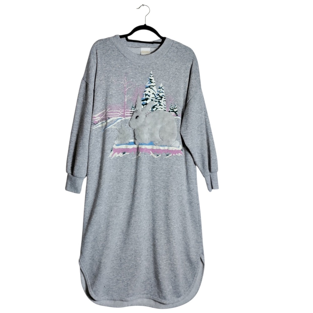 Vintage Kittens Gray Winter Rabbit Fleece Nightgown Lounge Dress One Size USA